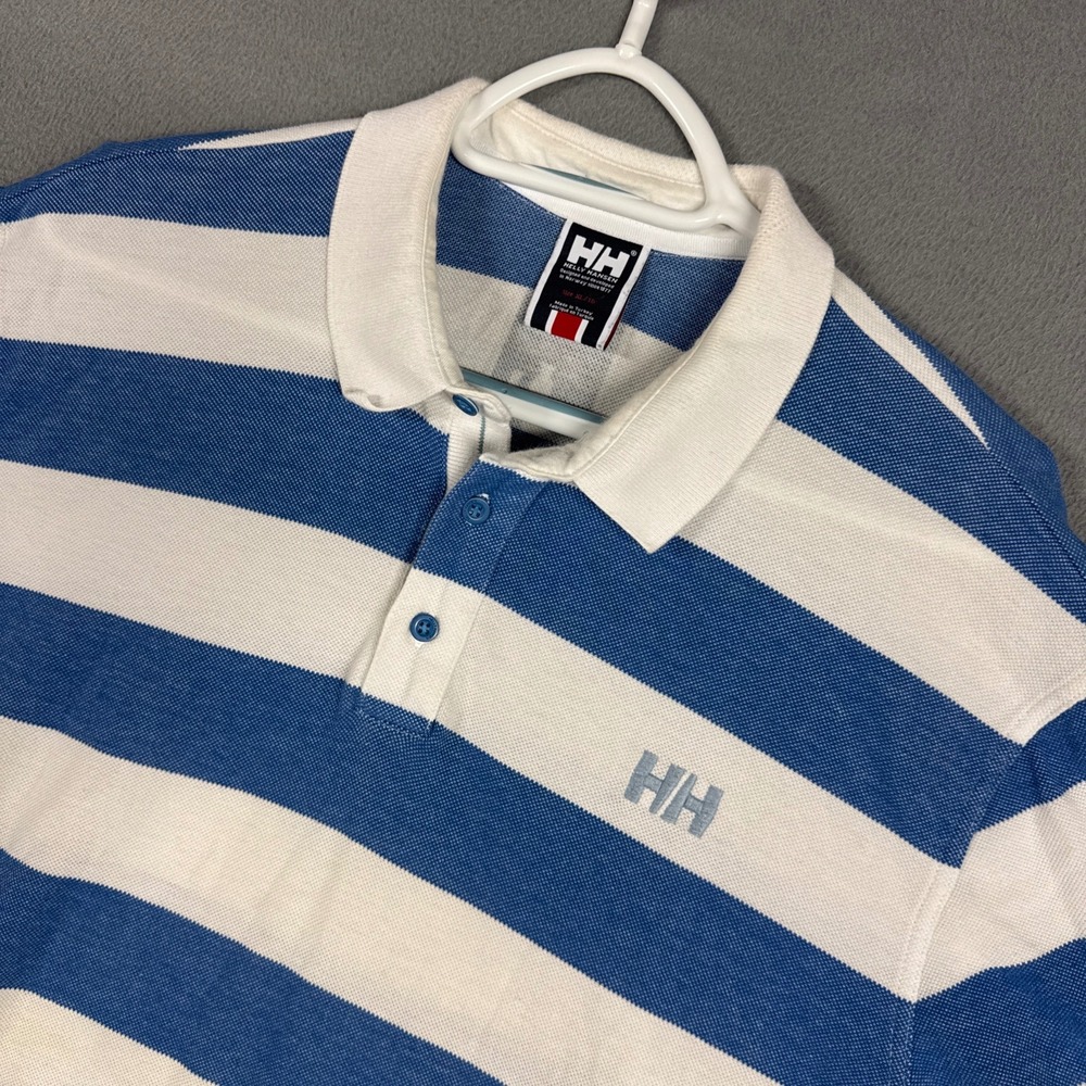 Helly Hansen Polo Shirt Mens XL Blue White Stripe Short Sleeve Nautical Cotton